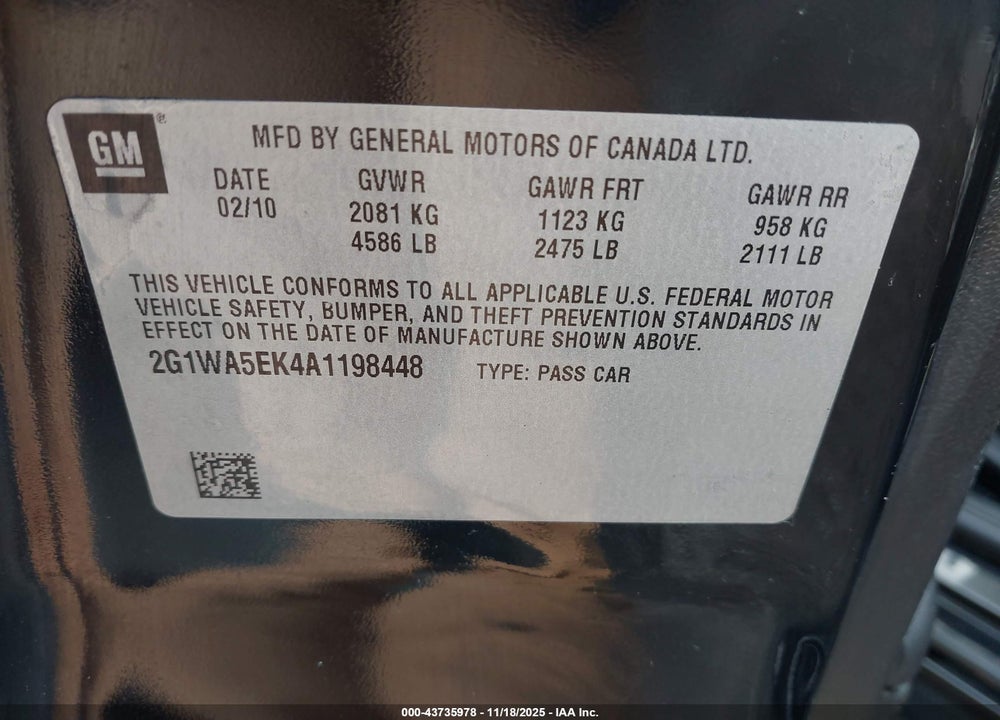 2010 CHEVROLET IMPALA LS VIN: 2G1WA5EK4A1198448