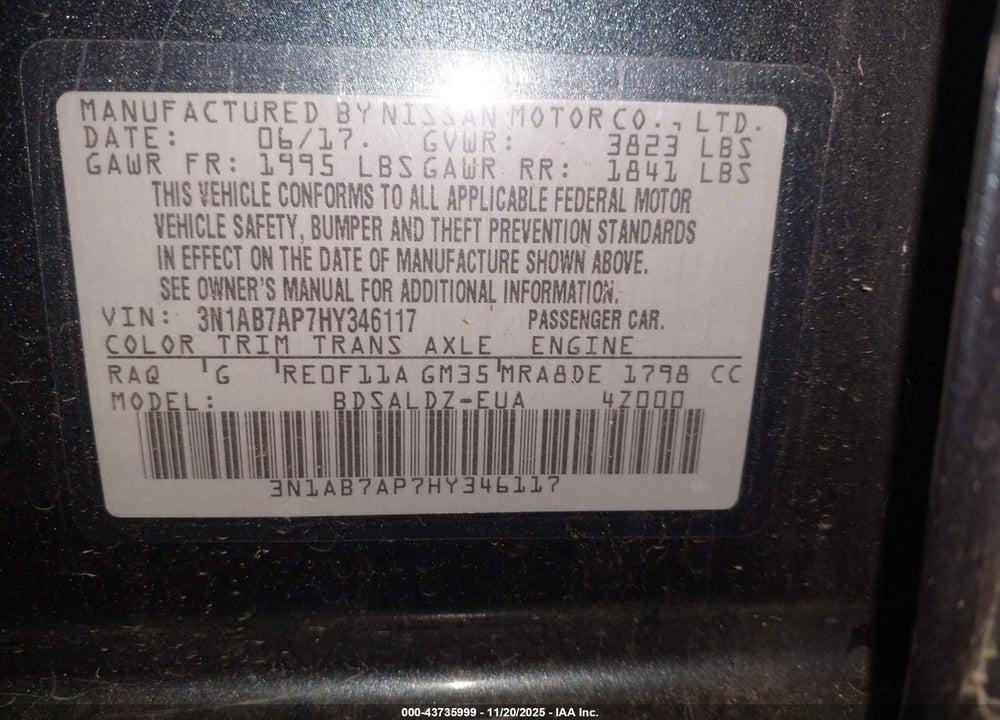 2017 NISSAN SENTRA SV VIN: 3N1AB7AP7HY346117