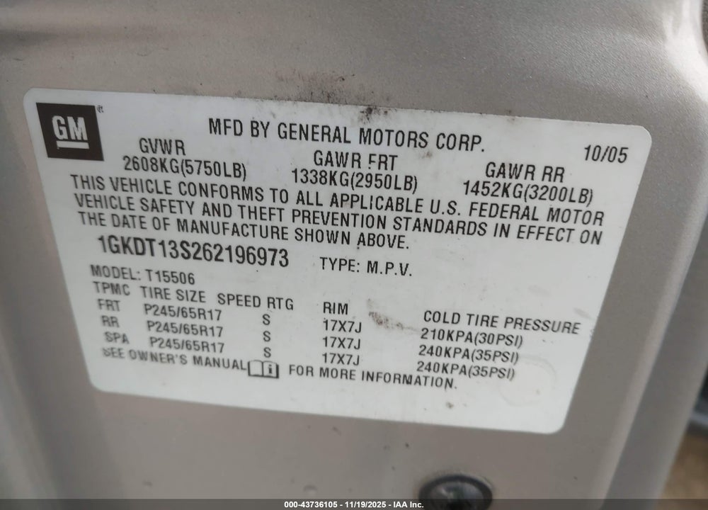 2006 GMC ENVOY SLE VIN: 1GKDT13S262196973