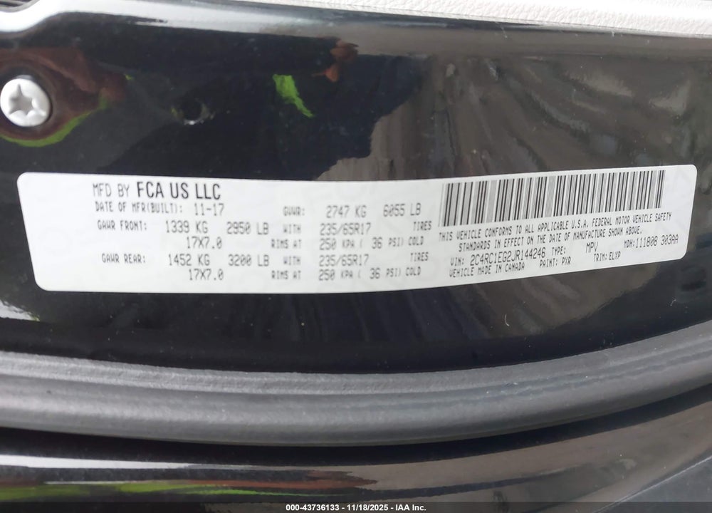 2018 CHRYSLER PACIFICA TOURING L PLUS VIN: 2C4RC1EG2JR144246