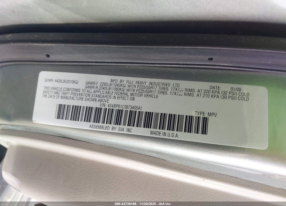 2009 SUBARU OUTBACK 2.5I VIN: 4S4BP61C097340541
