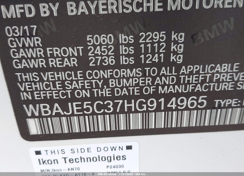 2017 BMW 540I VIN: WBAJE5C37HG914965