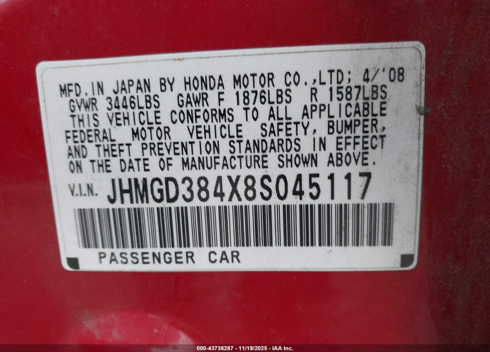 2008 HONDA FIT VIN: JHMGD384X8S045117
