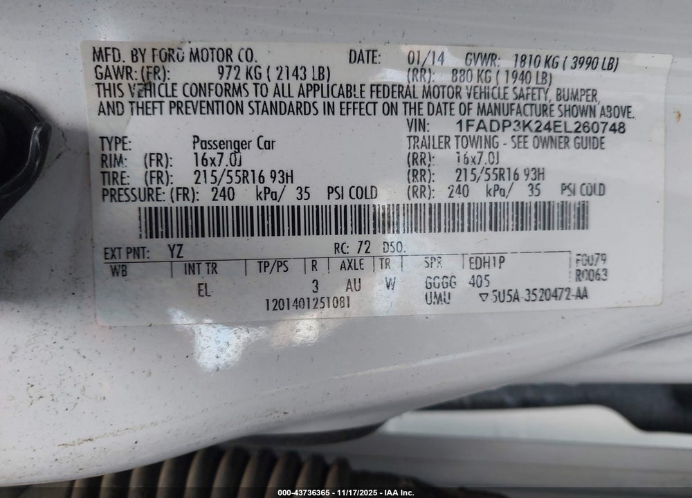 2014 FORD FOCUS SE VIN: 1FADP3K24EL260748