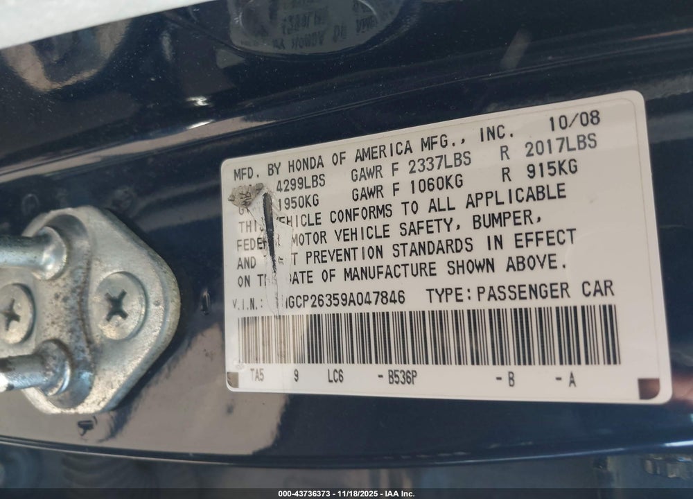 2009 HONDA ACCORD VIN: 1HGCP26359A047846