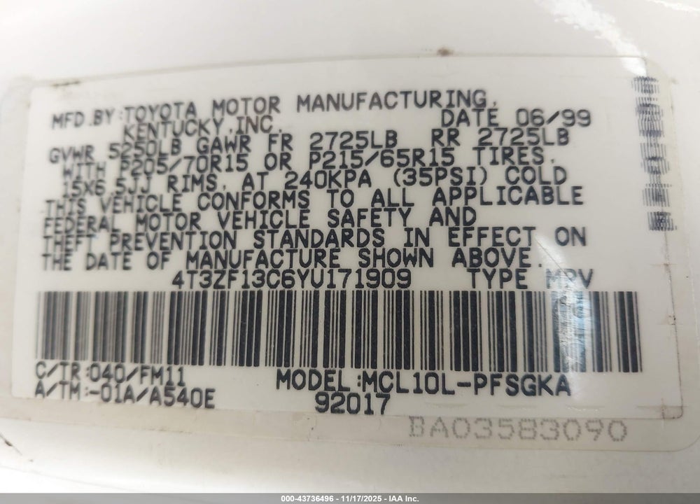 2000 TOYOTA SIENNA XLE VIN: 4T3ZF13C6YU171909