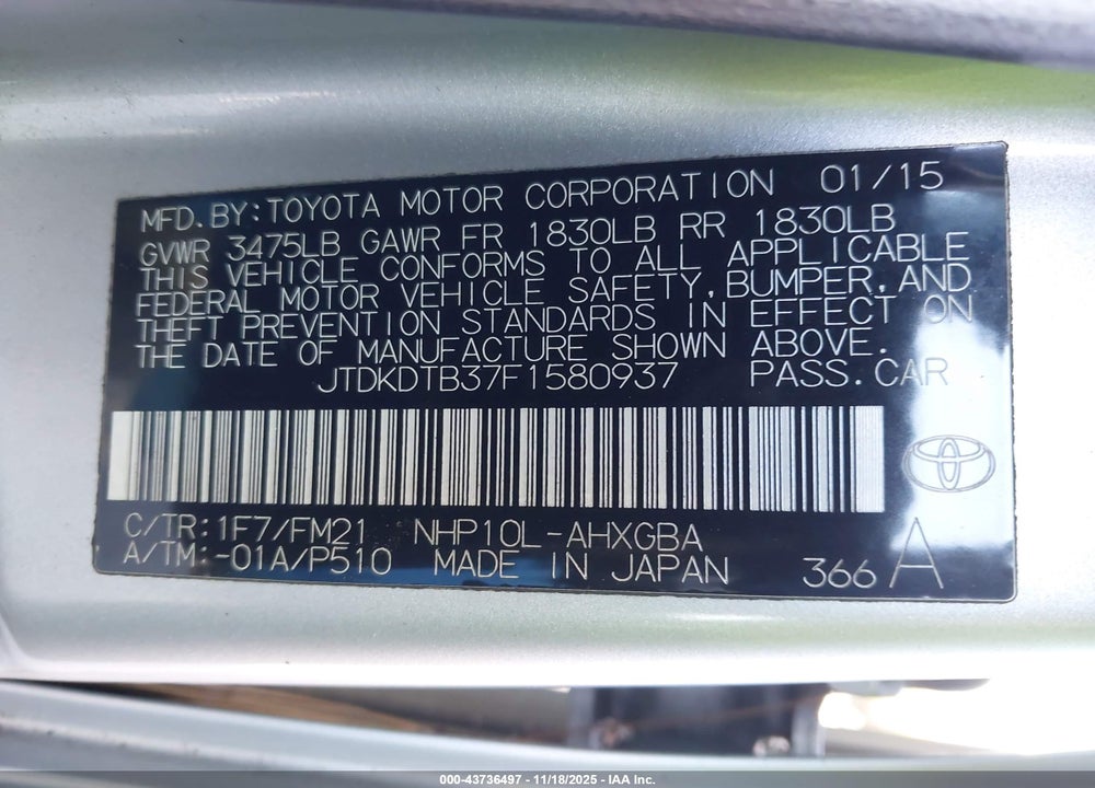 2015 TOYOTA PRIUS C THREE VIN: JTDKDTB37F1580937