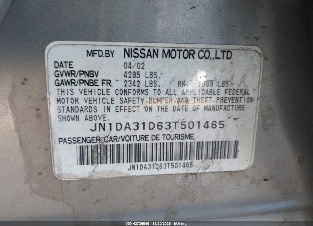 2003 NISSAN MAXIMA SE VIN: JN1DA31D63T501465