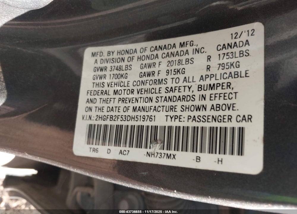 2013 HONDA CIVIC LX VIN: 2HGFB2F53DH519761