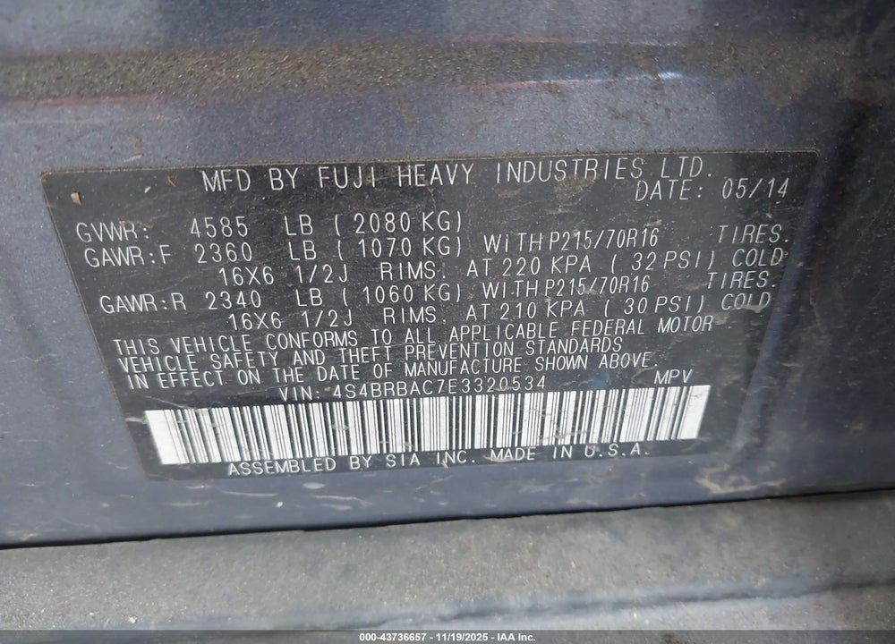 2014 SUBARU OUTBACK 2.5I VIN: 4S4BRBAC7E3320534