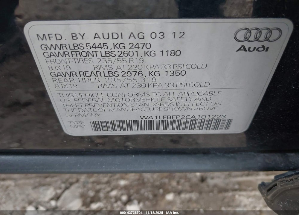2012 AUDI Q5 2.0T PREMIUM VIN: WA1LFBFP2CA101223