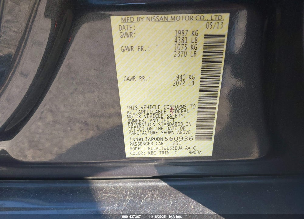 2013 NISSAN ALTIMA 3.5 SV VIN: 1N4BL3AP0DN560936