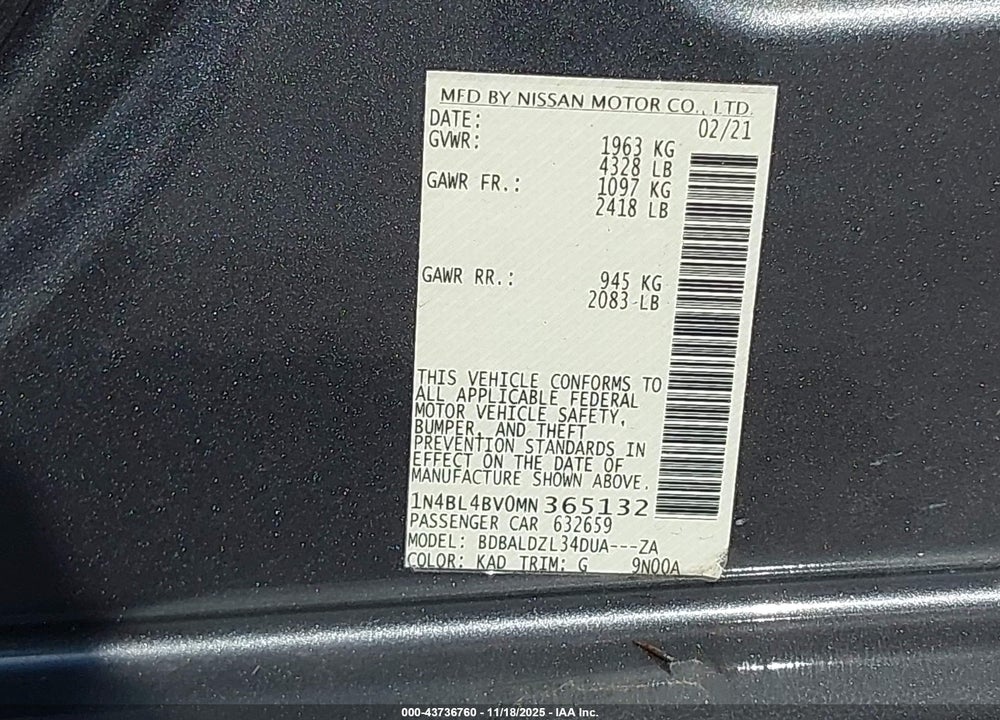 2021 NISSAN ALTIMA S FWD VIN: 1N4BL4BV0MN365132