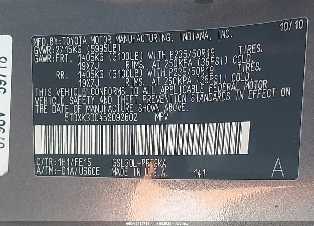 2011 TOYOTA SIENNA SE VIN: 5TDXK3DC4BS092602