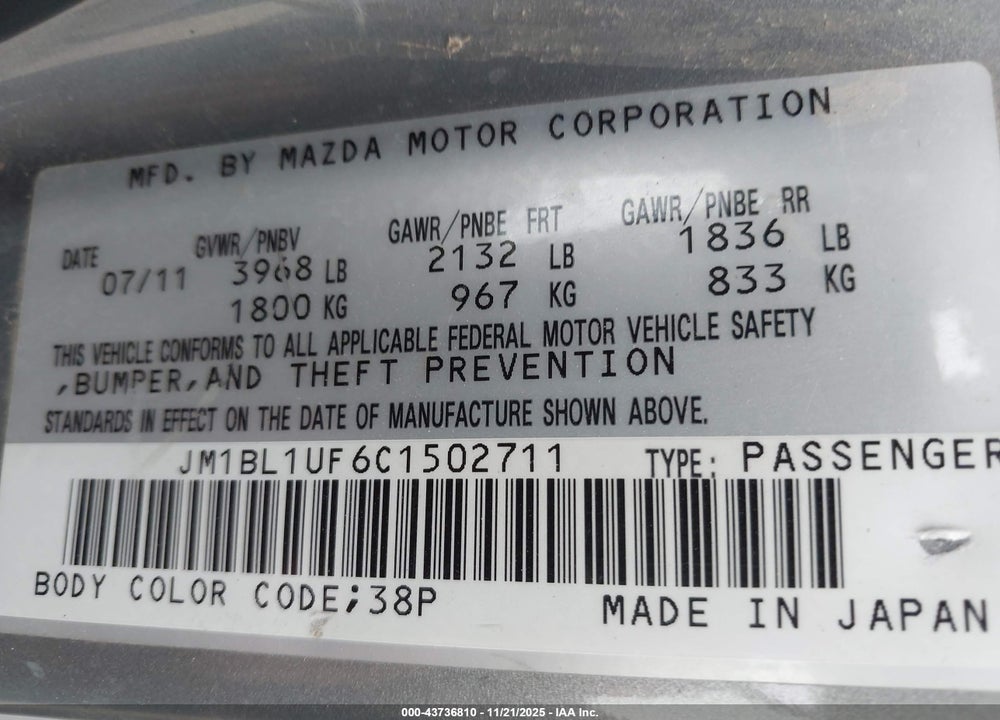 2012 MAZDA 3 I SPORT VIN: JM1BL1UF6C1502711