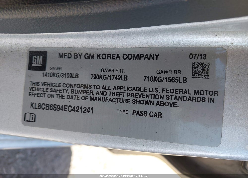 2014 CHEVROLET SPARK LS AUTO VIN: KL8CB6S94EC421241