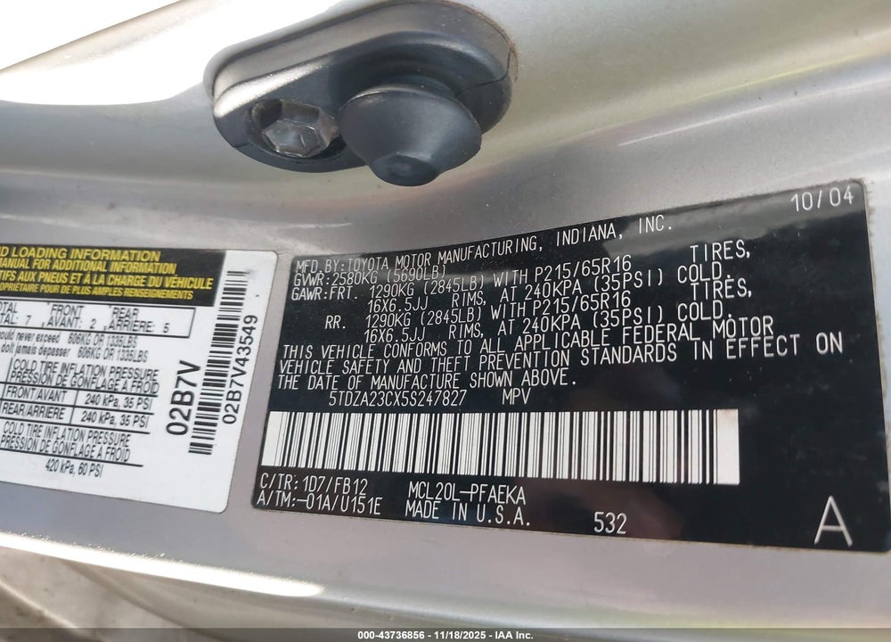 2005 TOYOTA SIENNA LE VIN: 5TDZA23CX5S247827