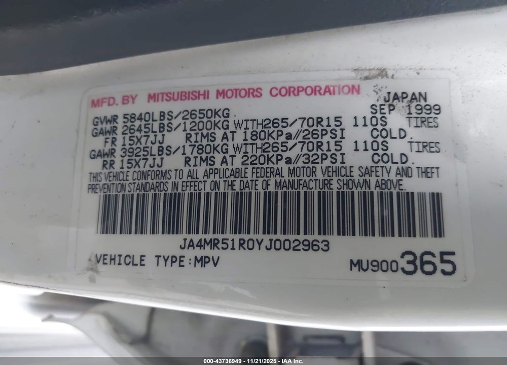 2000 MITSUBISHI MONTERO VIN: JA4MR51R0YJ002963