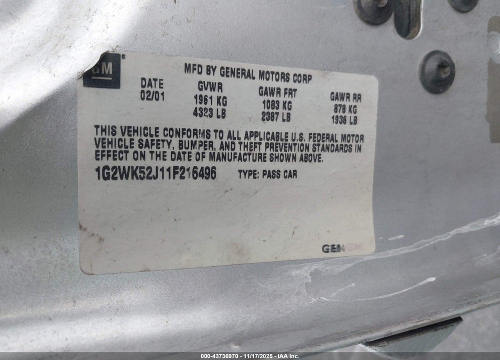 2001 PONTIAC GRAND PRIX SE VIN: 1G2WK52J11F216496