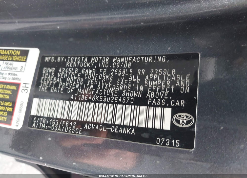 2009 TOYOTA CAMRY LE VIN: 4T1BE46K59U364670