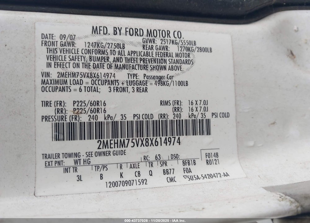2008 MERCURY GRAND MARQUIS VIN: 2MEHM75VX8X614974