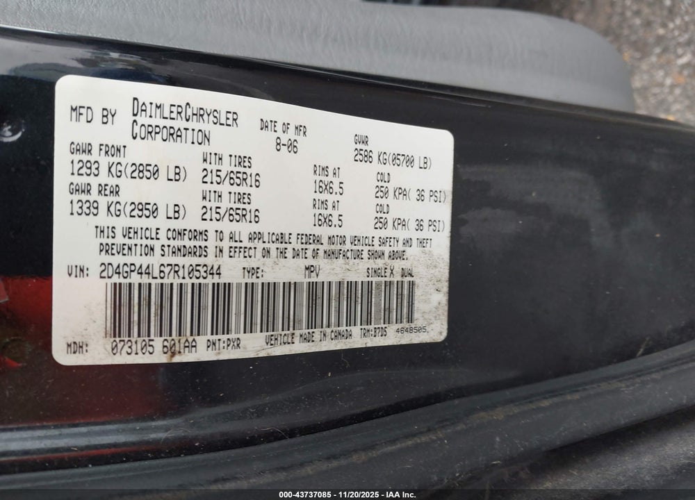2007 DODGE GRAND CARAVAN SXT VIN: 2D4GP44L67R105344