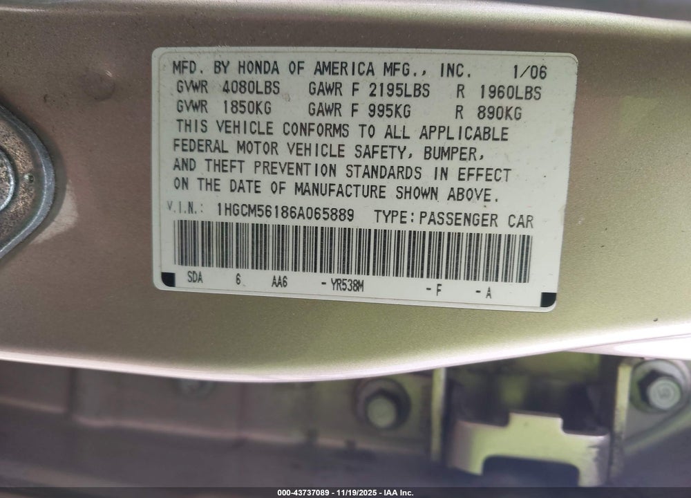 2006 HONDA ACCORD VIN: 1HGCM56186A065889