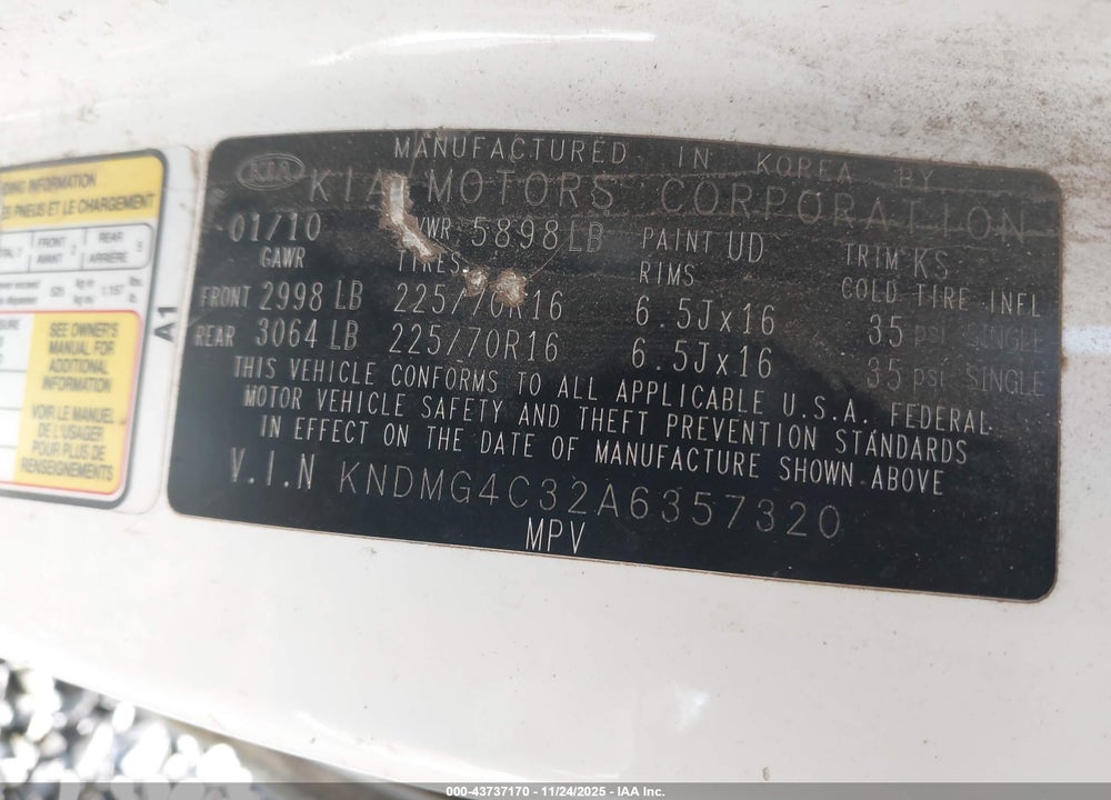 2010 KIA SEDONA LX VIN: KNDMG4C32A6357320