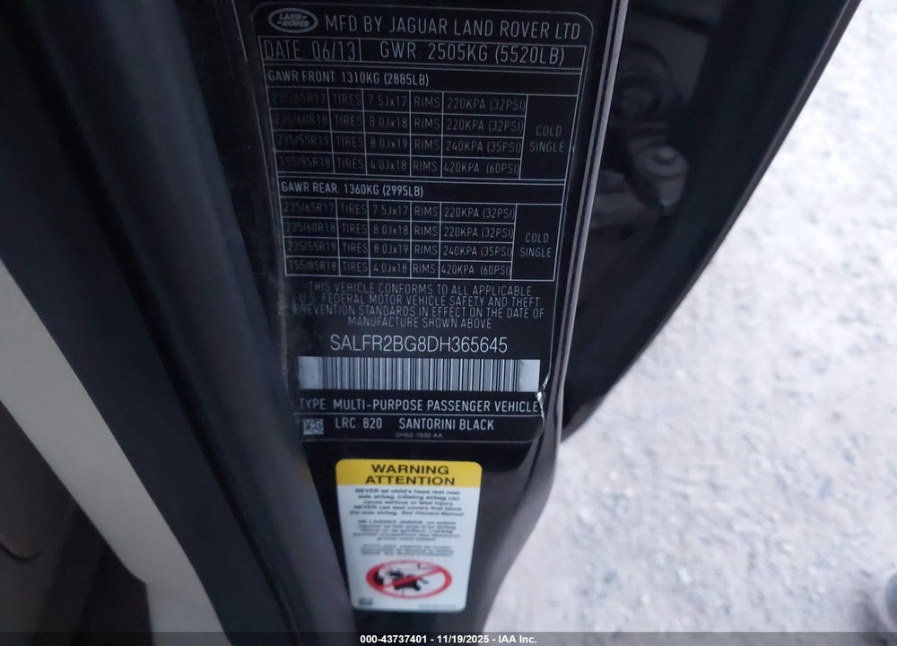 2013 LAND ROVER LR2 VIN: SALFR2BG8DH365645