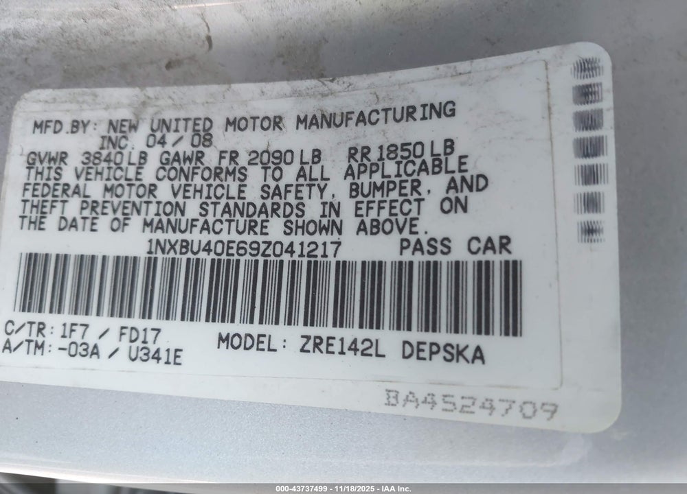 2009 TOYOTA COROLLA S VIN: 1NXBU40E69Z041217