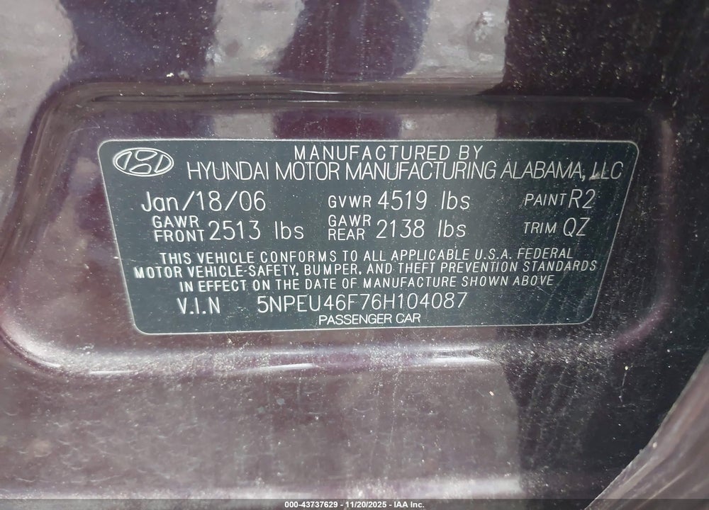 2006 HYUNDAI SONATA GLS V6/LX V6 VIN: 5NPEU46F76H104087