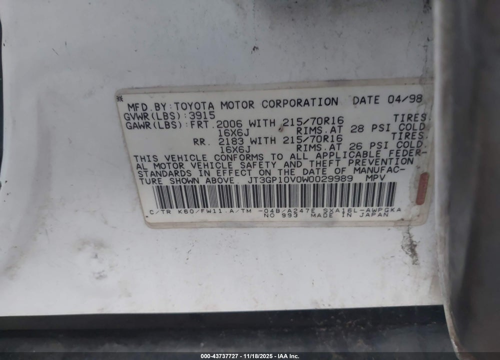 1998 TOYOTA RAV4 VIN: JT3GP10V0W0029989