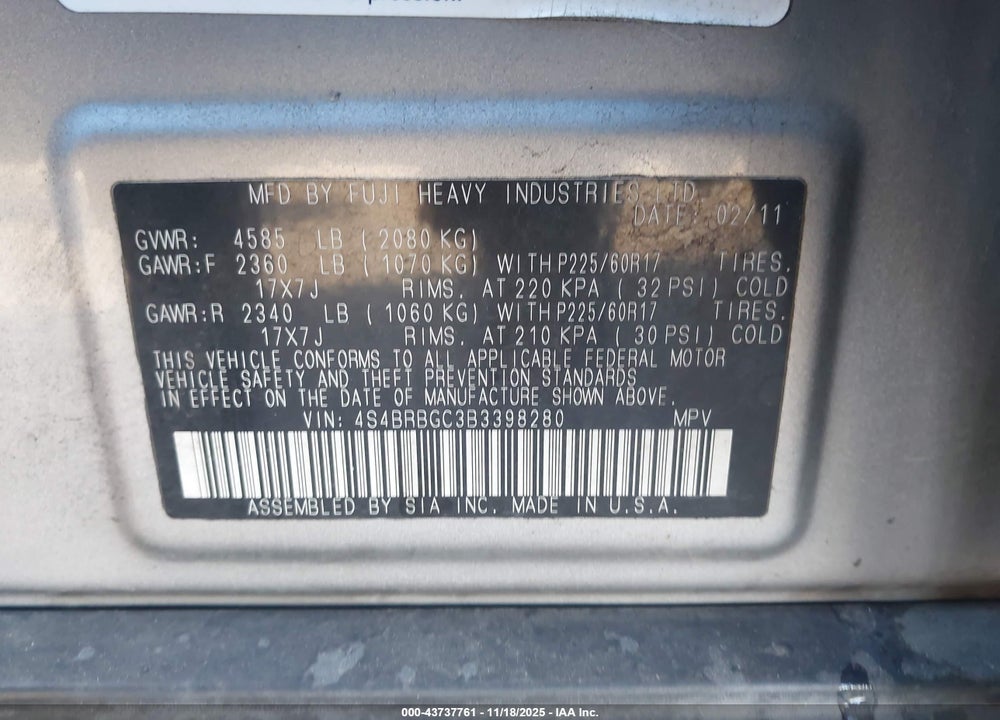 2011 SUBARU OUTBACK 2.5I PREMIUM VIN: 4S4BRBGC3B3398280