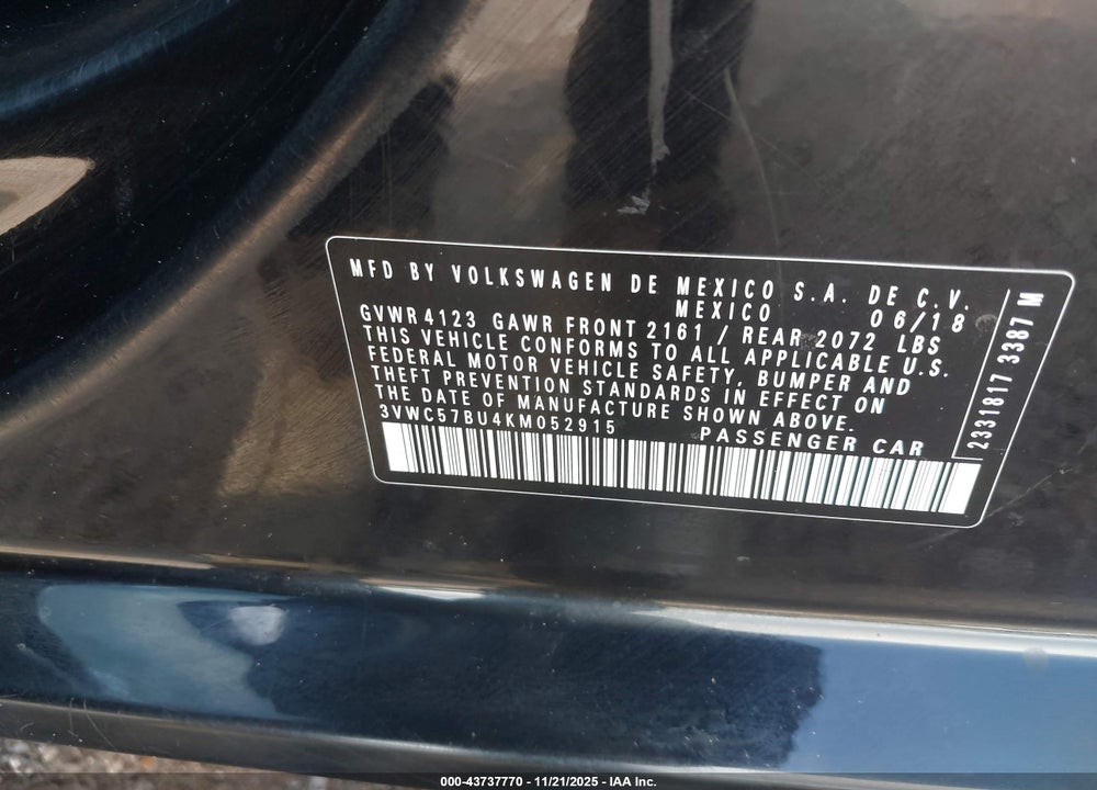 2019 VOLKSWAGEN JETTA 1.4T R-LINE/1.4T S/1.4T SE VIN: 3VWC57BU4KM052915