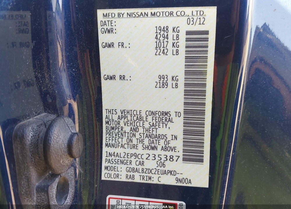 2012 NISSAN ALTIMA 2.5 S VIN: 1N4AL2EP9CC235387