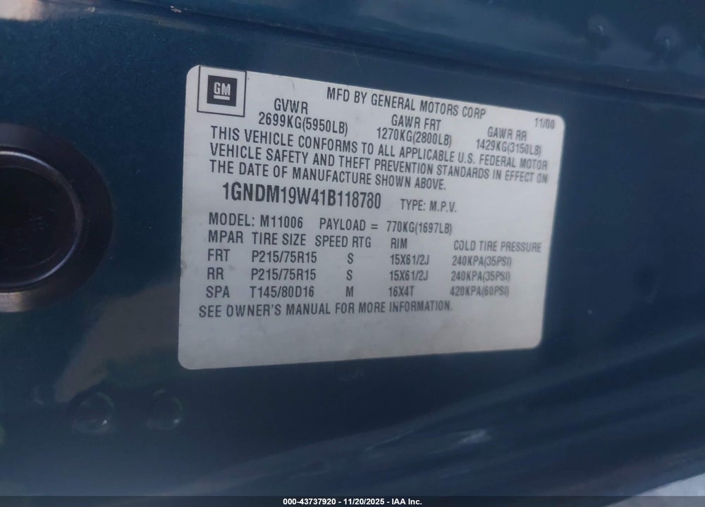 2001 CHEVROLET ASTRO LS VIN: 1GNDM19W41B118780