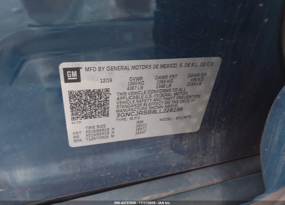 2020 CHEVROLET TRAX AWD PREMIER VIN: 3GNCJRSB8LL228159