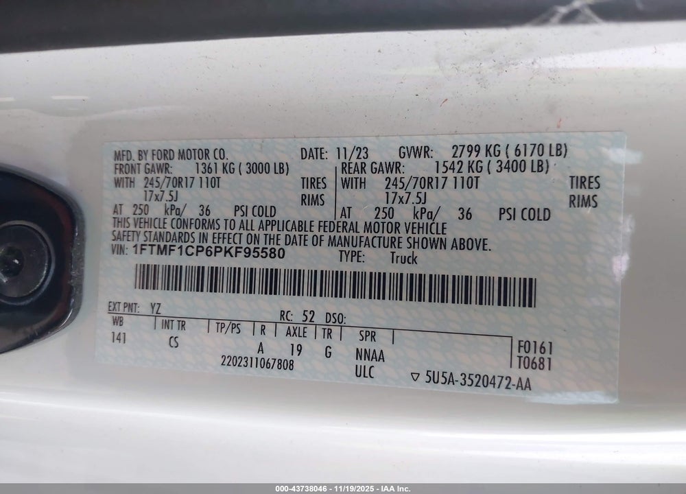 2023 FORD F-150 XL VIN: 1FTMF1CP6PKF95580
