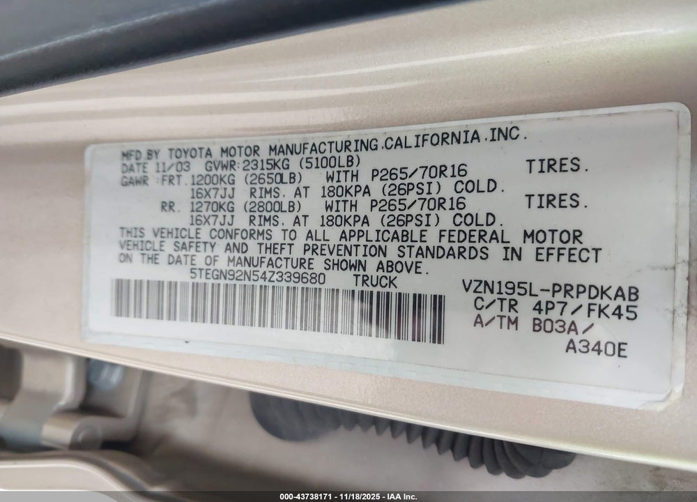 2004 TOYOTA TACOMA PRERUNNER V6 VIN: 5TEGN92N54Z339680