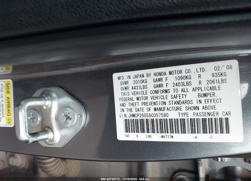 2008 HONDA ACCORD 2.4 EX-L VIN: JHMCP26858C057580