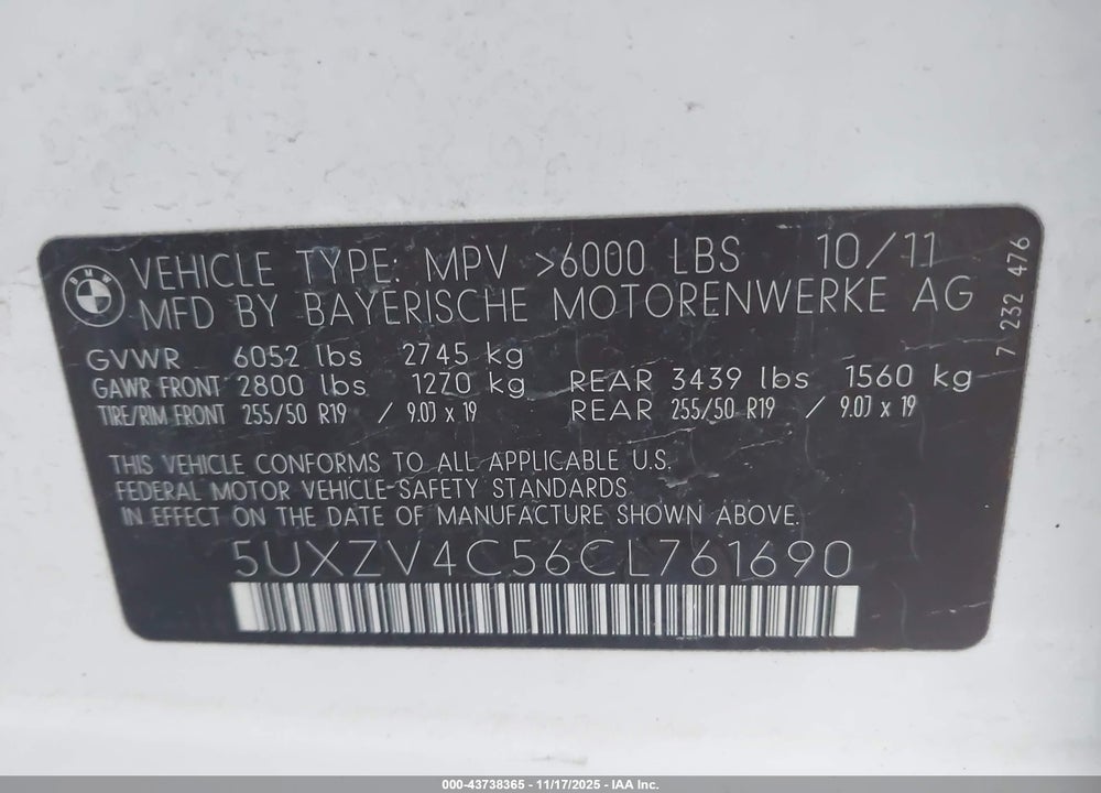 2012 BMW X5 XDRIVE35I/XDRIVE35I PREMIUM/XDRIVE35I SPORT ACTIVITY VIN: 5UXZV4C56CL761690