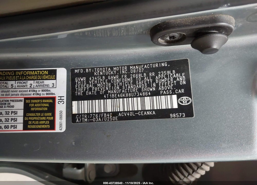 2008 TOYOTA CAMRY LE VIN: 4T1BE46K88U734864