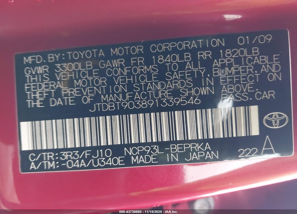 2009 TOYOTA YARIS VIN: JTDBT903891339546