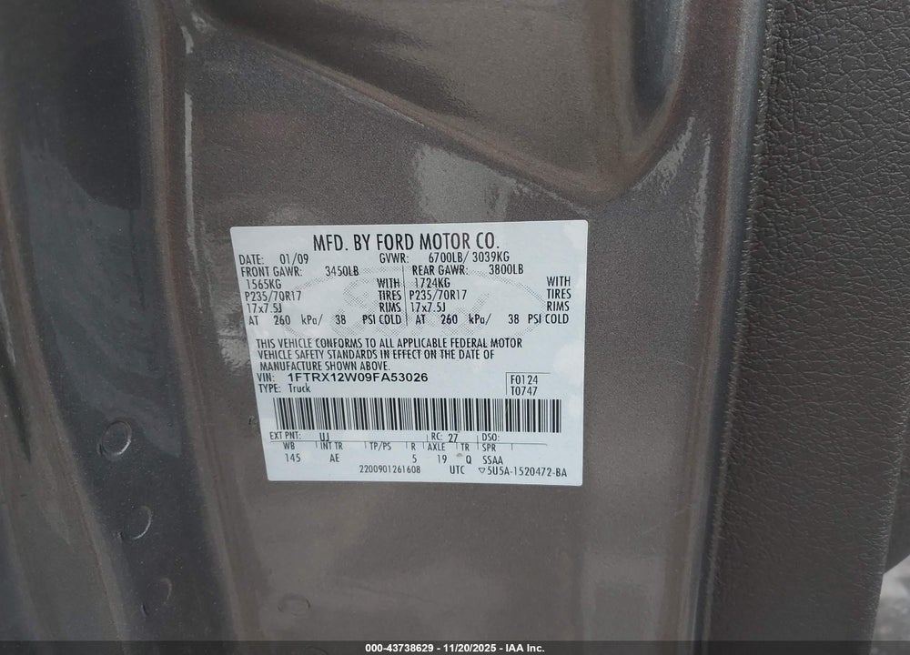 2009 FORD F-150 STX/XL VIN: 1FTRX12W09FA53026