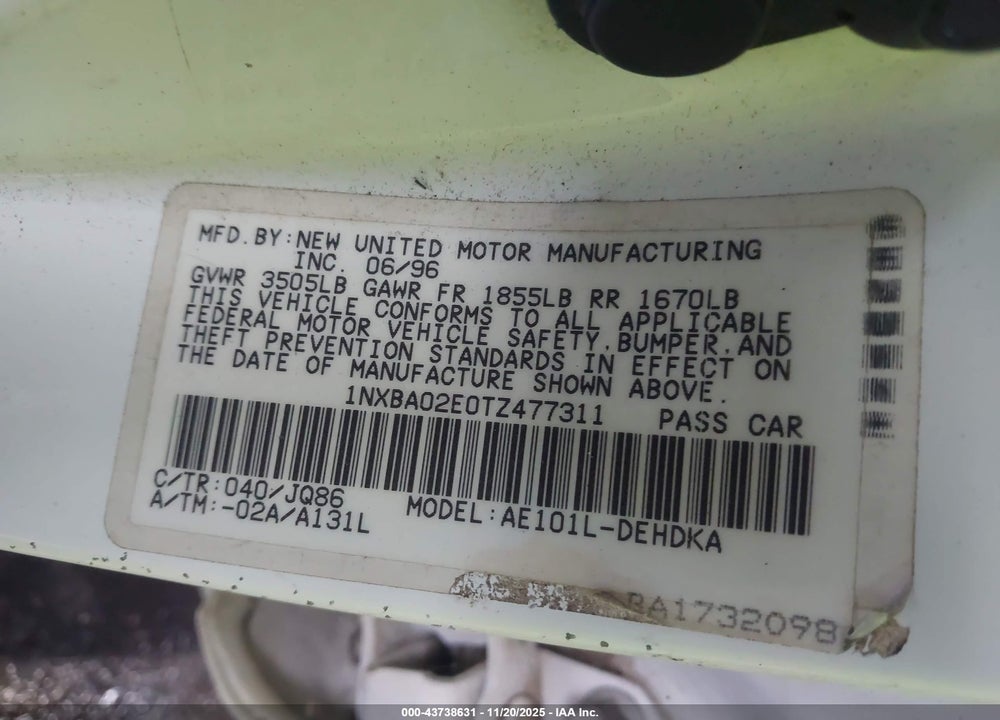 1996 TOYOTA COROLLA VIN: 1NXBA02E0TZ477311