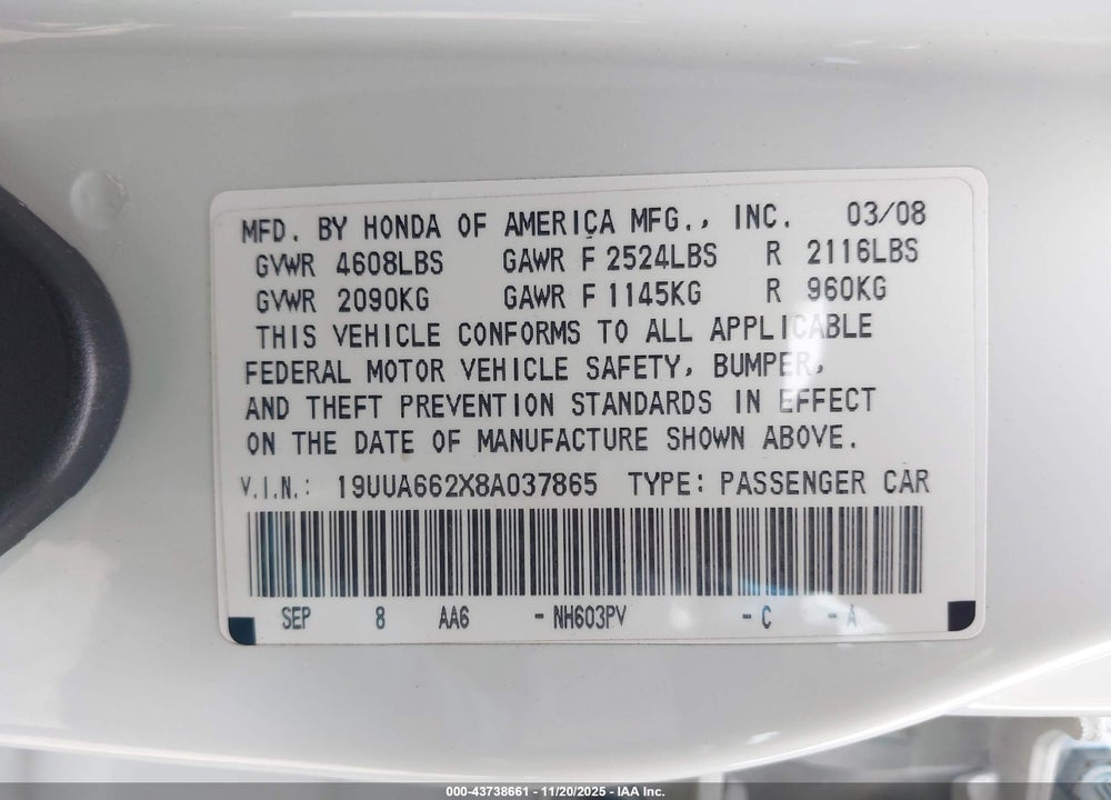 2008 ACURA TL 3.2 VIN: 19UUA662X8A037865
