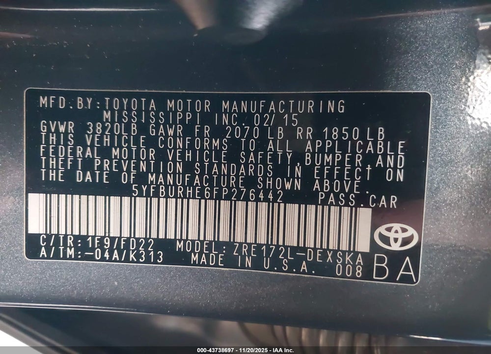 2015 TOYOTA COROLLA S PLUS VIN: 5YFBURHE6FP276442