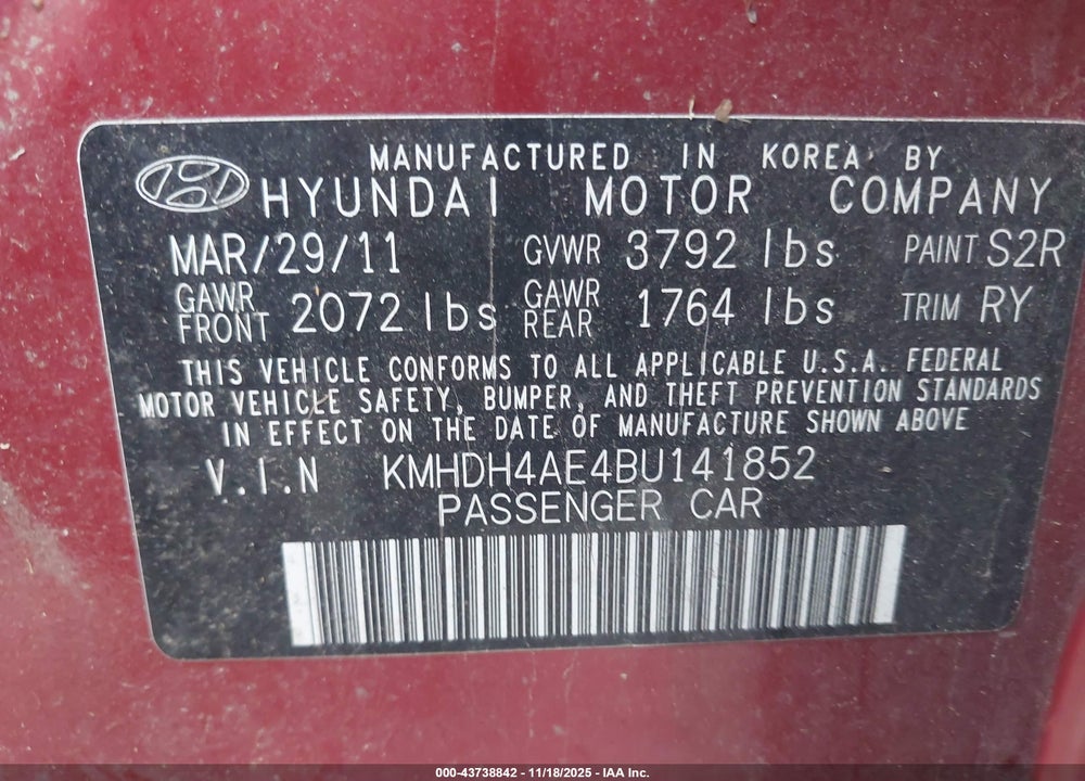 2011 HYUNDAI ELANTRA LIMITED (ULSAN PLANT) VIN: KMHDH4AE4BU141852