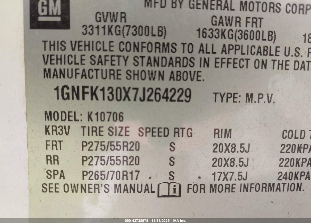2007 CHEVROLET TAHOE VIN: 1GNFK130X7J264229
