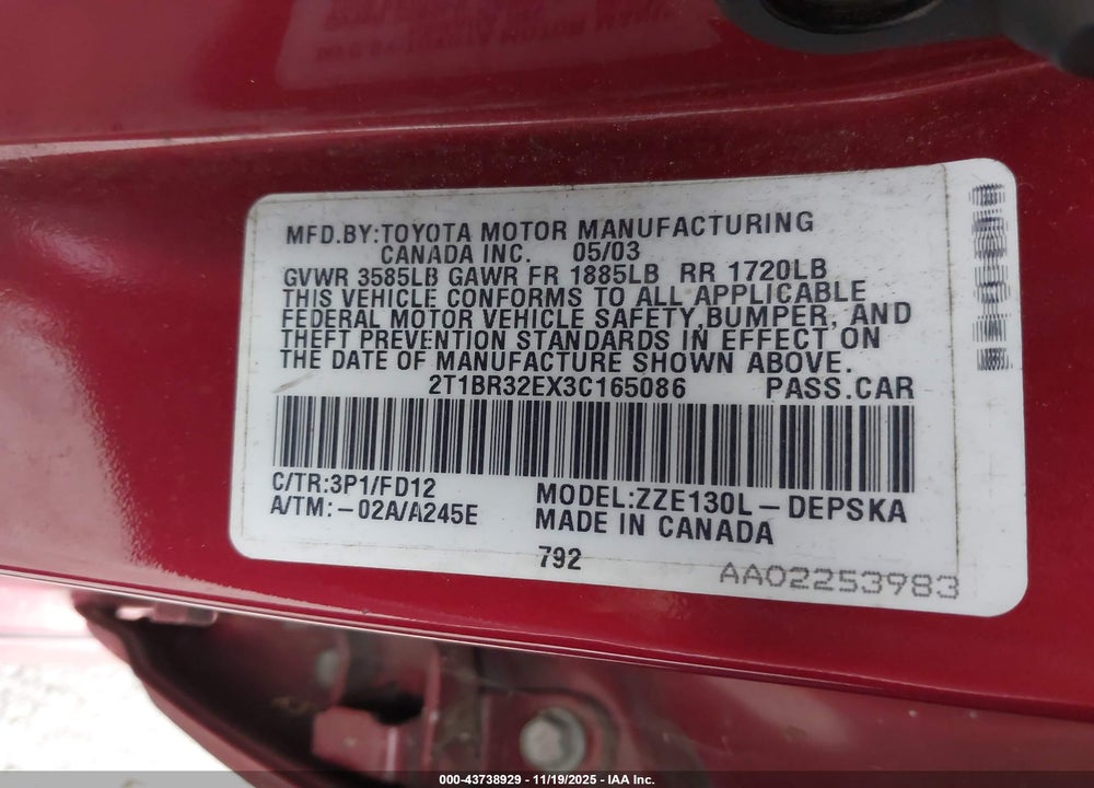 2003 TOYOTA COROLLA S VIN: 2T1BR32EX3C165086